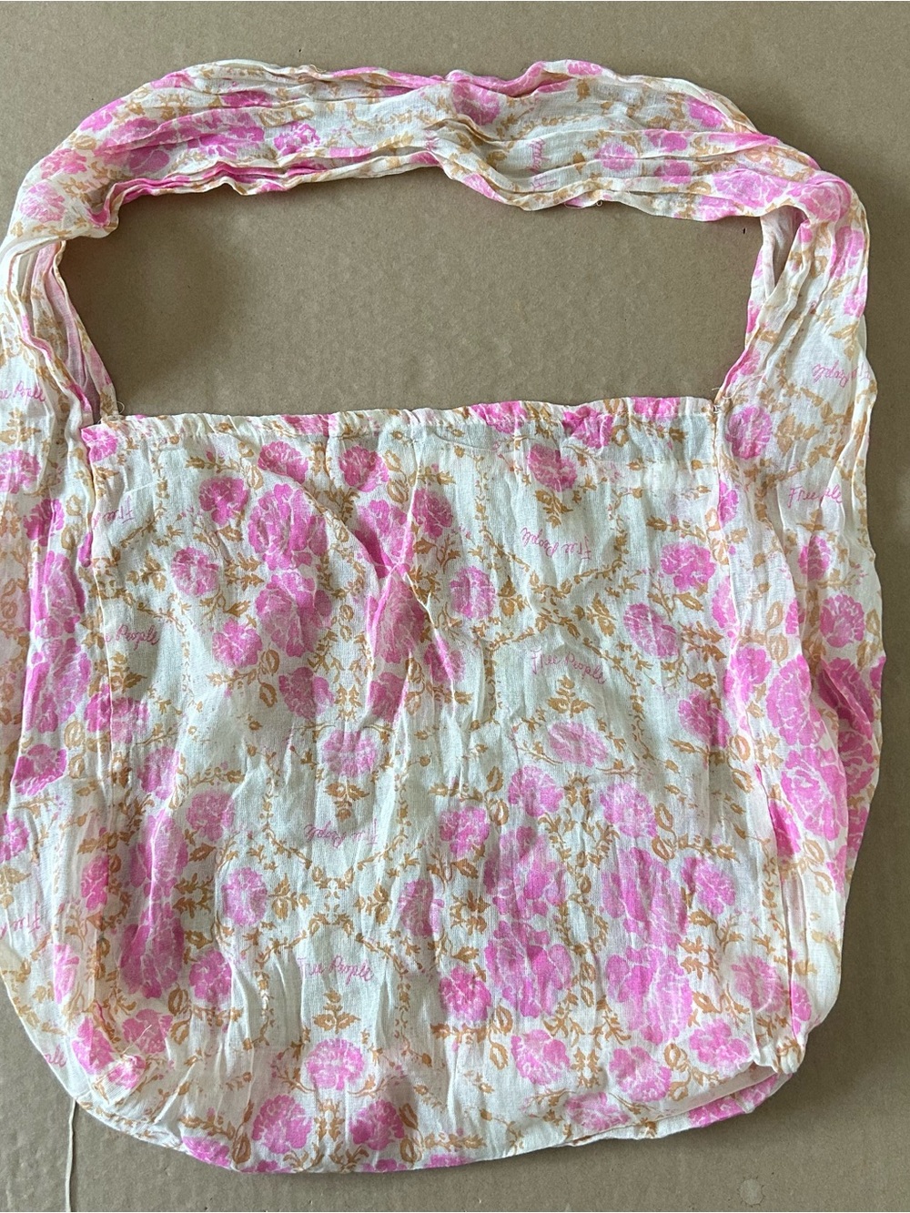 Free People Boho Sling Hobo Tote Bag Pink Floral Reusable Shopping Bag Gauze